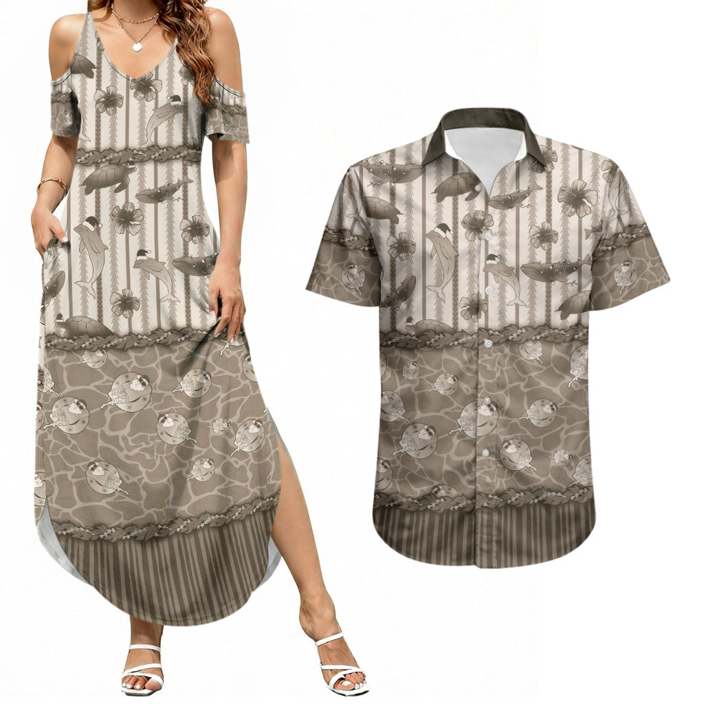 Hawaii Christmas In July Couples Matching Summer Maxi Dress and Hawaiian Shirt Beige Mele Kalikimaka Sea Animals DT05 Beige - Polynesian Pride