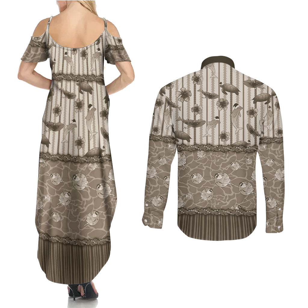 Hawaii Christmas In July Couples Matching Summer Maxi Dress and Long Sleeve Button Shirt Beige Mele Kalikimaka Sea Animals DT05 - Polynesian Pride