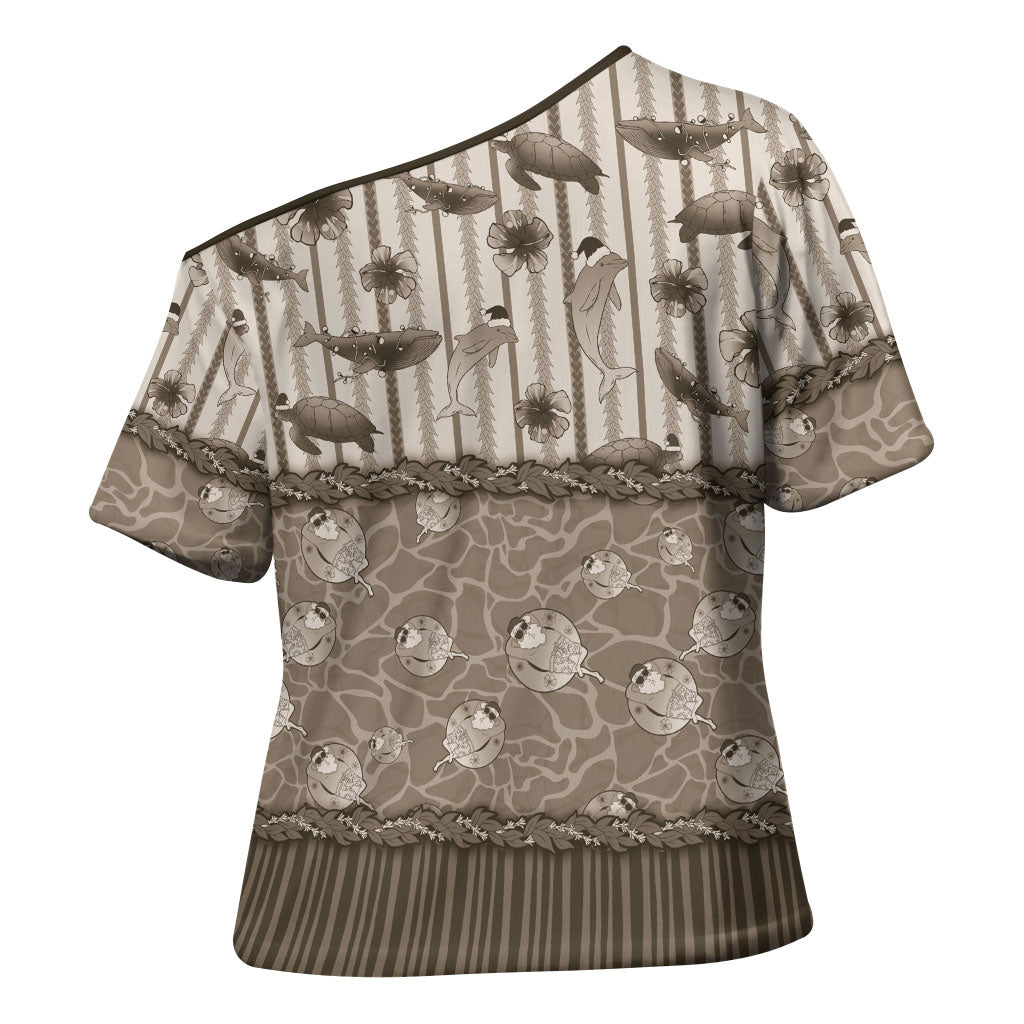 Hawaii Christmas In July Cross Shoulder Shirt Beige Mele Kalikimaka Sea Animals