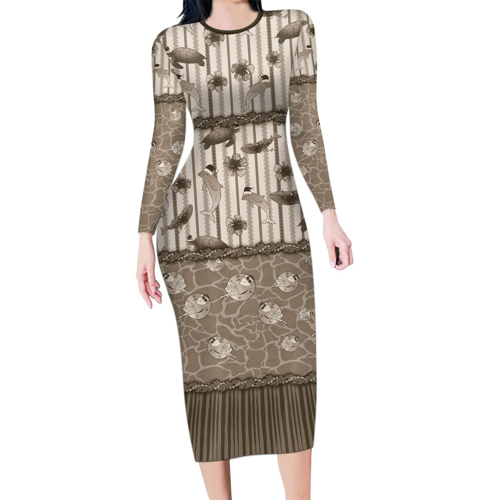 Hawaii Christmas In July Family Matching Long Sleeve Bodycon Dress and Hawaiian Shirt Beige Mele Kalikimaka Sea Animals DT05 Mom's Dress Beige - Polynesian Pride