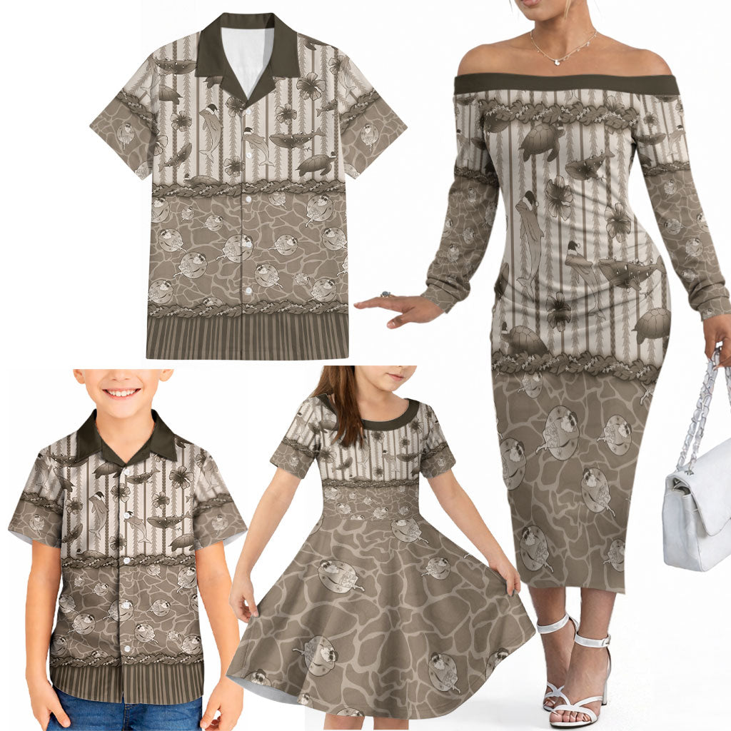 Hawaii Christmas In July Family Matching Off The Shoulder Long Sleeve Dress and Hawaiian Shirt Beige Mele Kalikimaka Sea Animals DT05 - Polynesian Pride