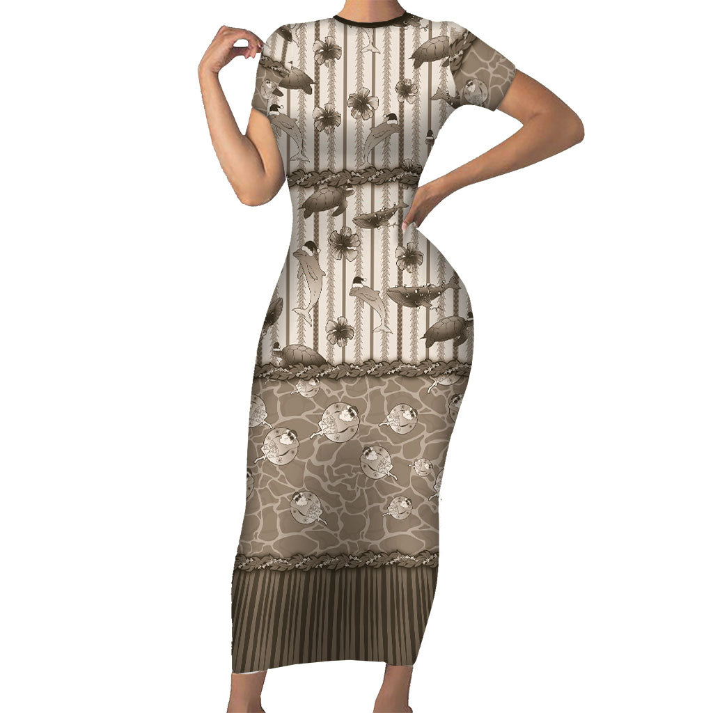Hawaii Christmas In July Family Matching Short Sleeve Bodycon Dress and Hawaiian Shirt Beige Mele Kalikimaka Sea Animals DT05 Mom's Dress Beige - Polynesian Pride