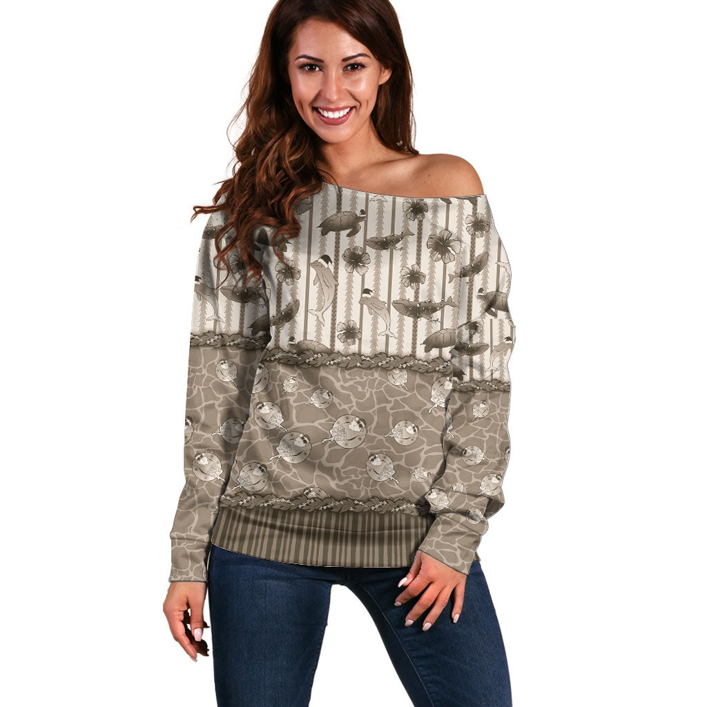 Hawaii Christmas In July Off Shoulder Sweater Beige Mele Kalikimaka Sea Animals DT05 Women Beige - Polynesian Pride