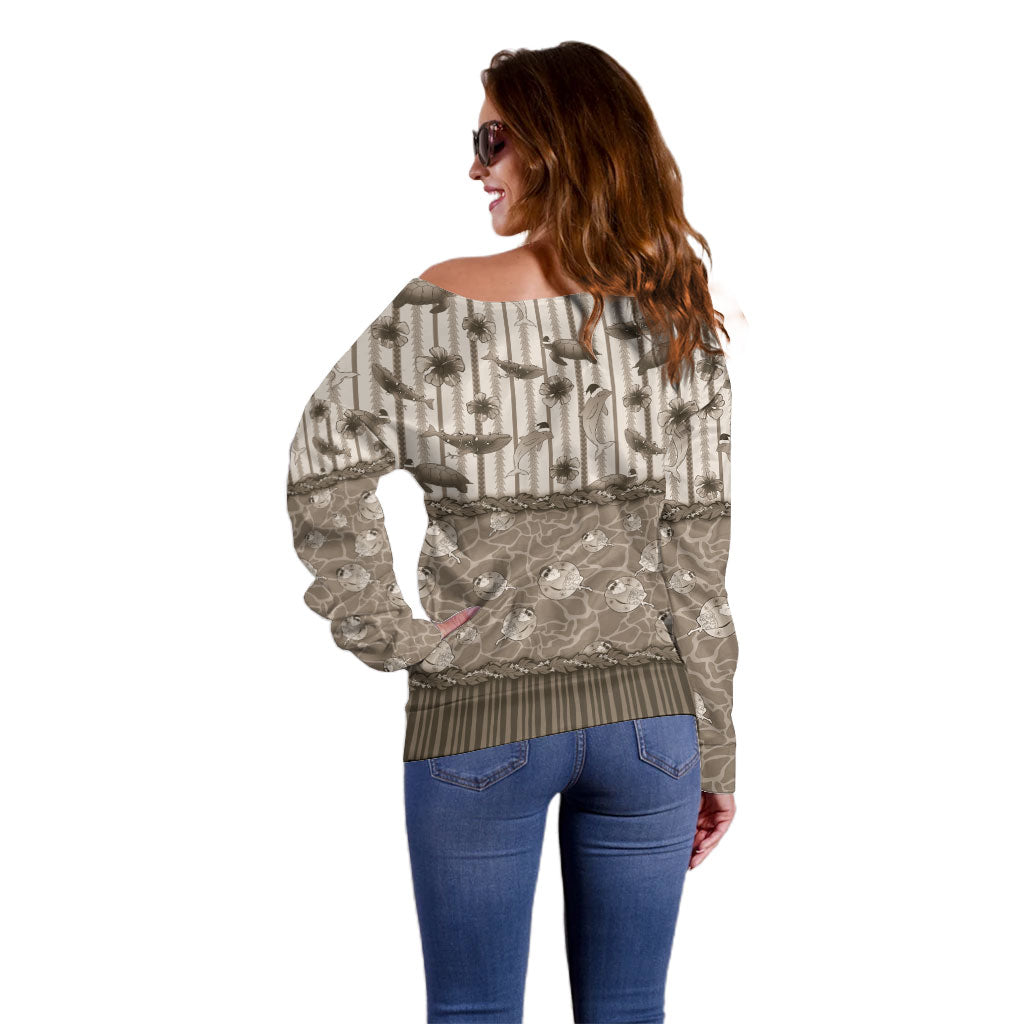 Hawaii Christmas In July Off Shoulder Sweater Beige Mele Kalikimaka Sea Animals DT05 - Polynesian Pride