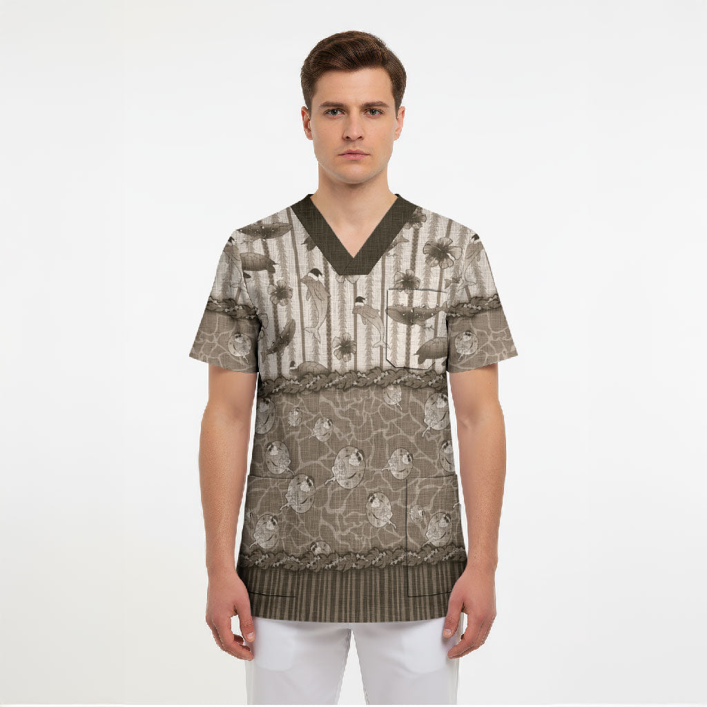 Hawaii Christmas In July Scrub Top Beige Mele Kalikimaka Sea Animals DT05 - Polynesian Pride