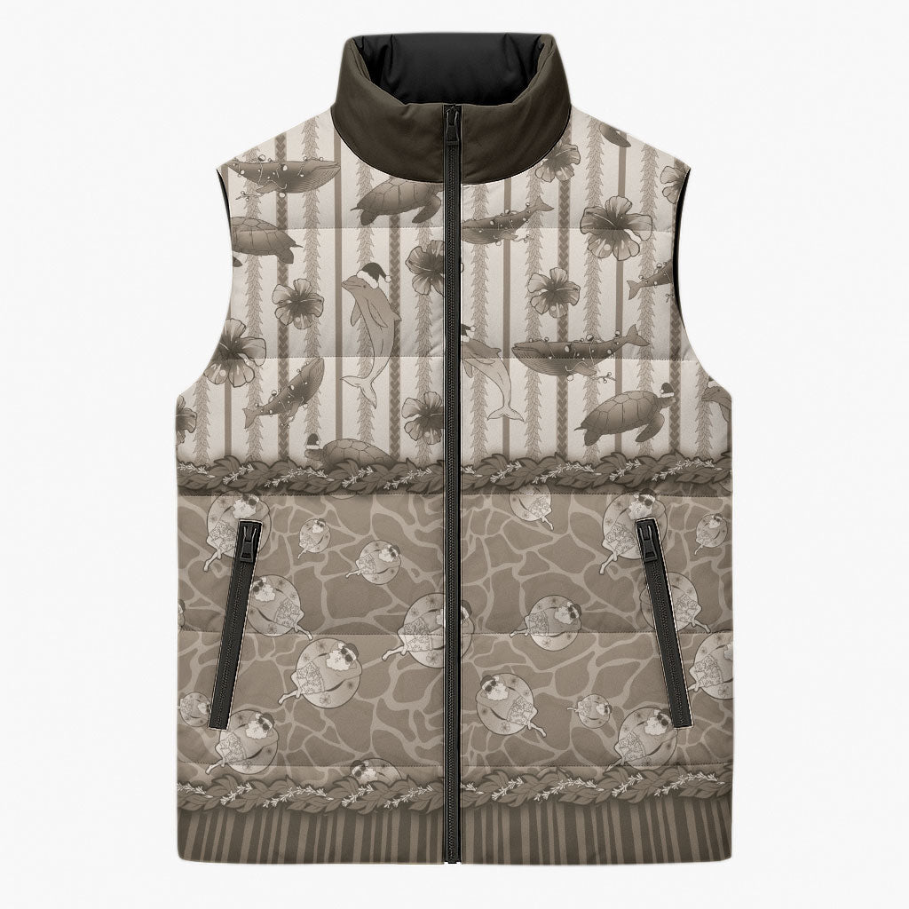 Hawaii Christmas In July Sleeveless Puffer Jacket Beige Mele Kalikimaka Sea Animals DT05 Unisex Beige - Polynesian Pride