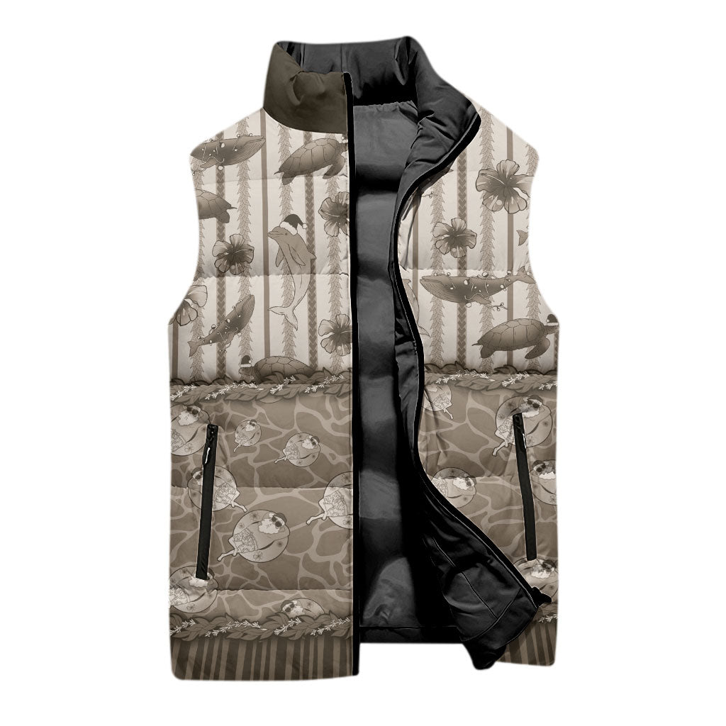 Hawaii Christmas In July Sleeveless Puffer Jacket Beige Mele Kalikimaka Sea Animals DT05 - Polynesian Pride