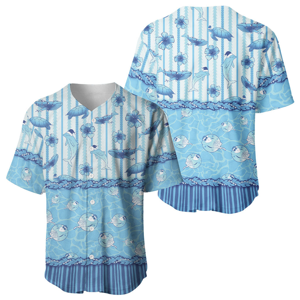Hawaii Christmas In July Baseball Jersey Sky Blue Mele Kalikimaka Sea Animals DT05 - Polynesian Pride