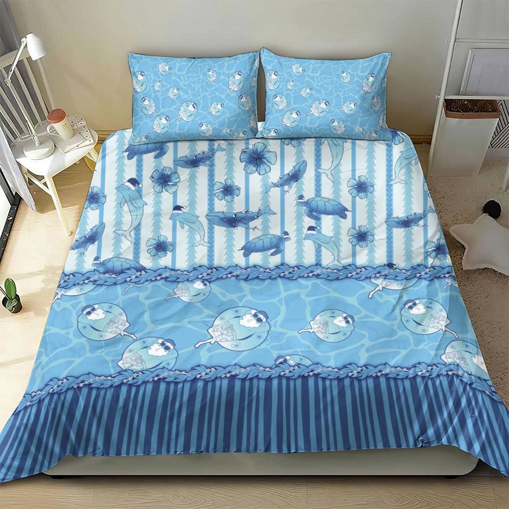 Hawaii Christmas In July Bedding Set Sky Blue Mele Kalikimaka Sea Animals