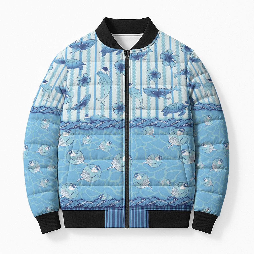 Hawaii Christmas In July Bomber Puffer Jacket Sky Blue Mele Kalikimaka Sea Animals