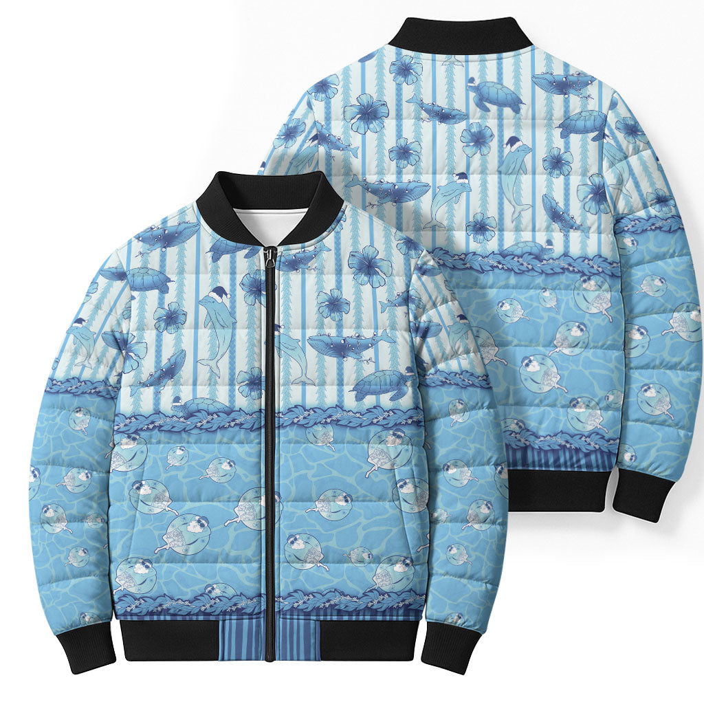 Hawaii Christmas In July Bomber Puffer Jacket Sky Blue Mele Kalikimaka Sea Animals