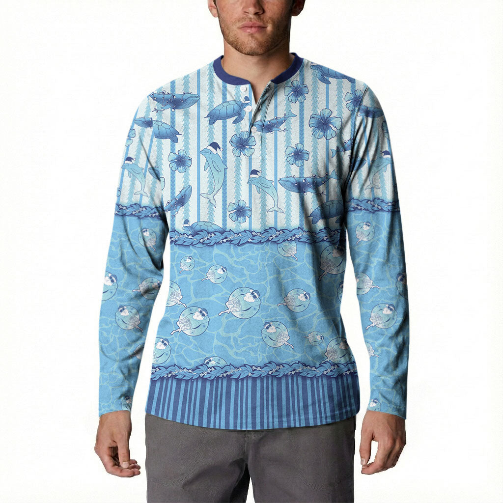 Hawaii Christmas In July Button Sweatshirt Sky Blue Mele Kalikimaka Sea Animals DT05 - Polynesian Pride