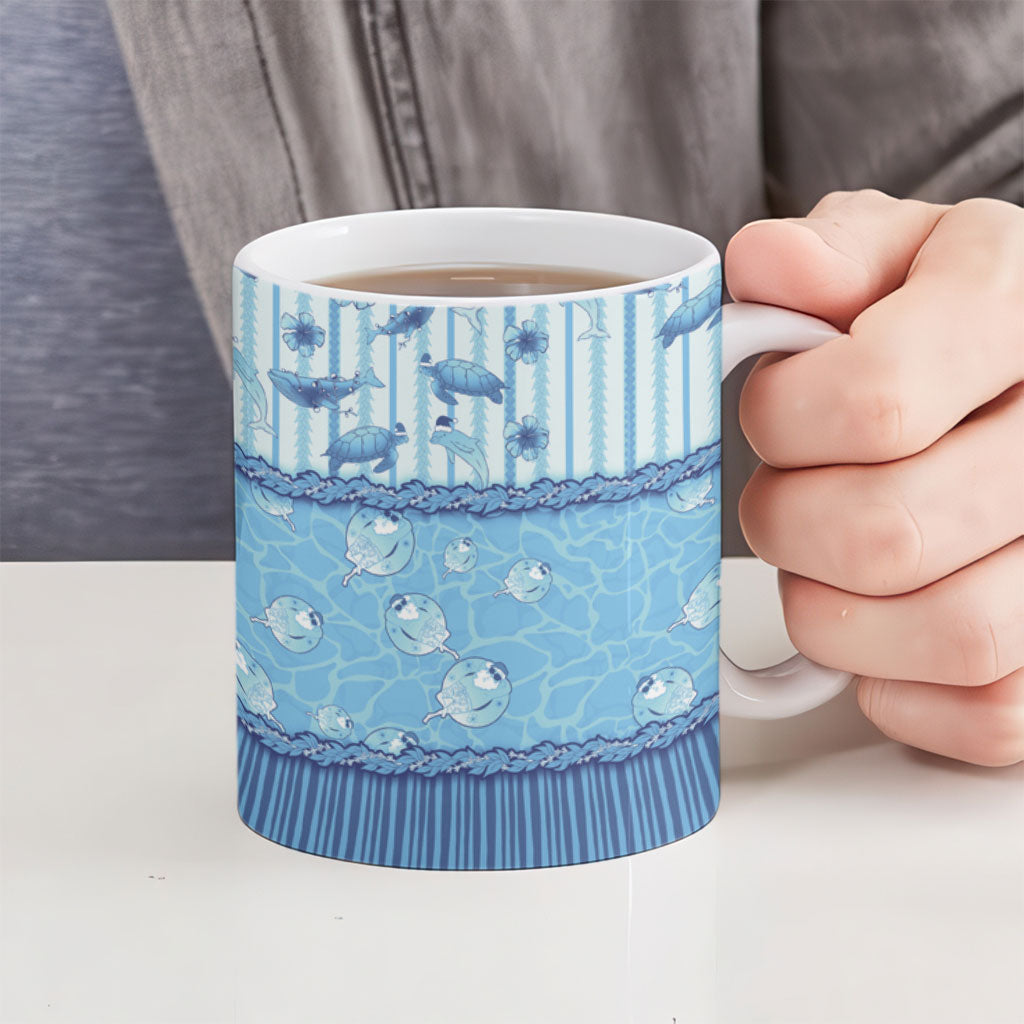 Hawaii Christmas In July Ceramic Mug Sky Blue Mele Kalikimaka Sea Animals