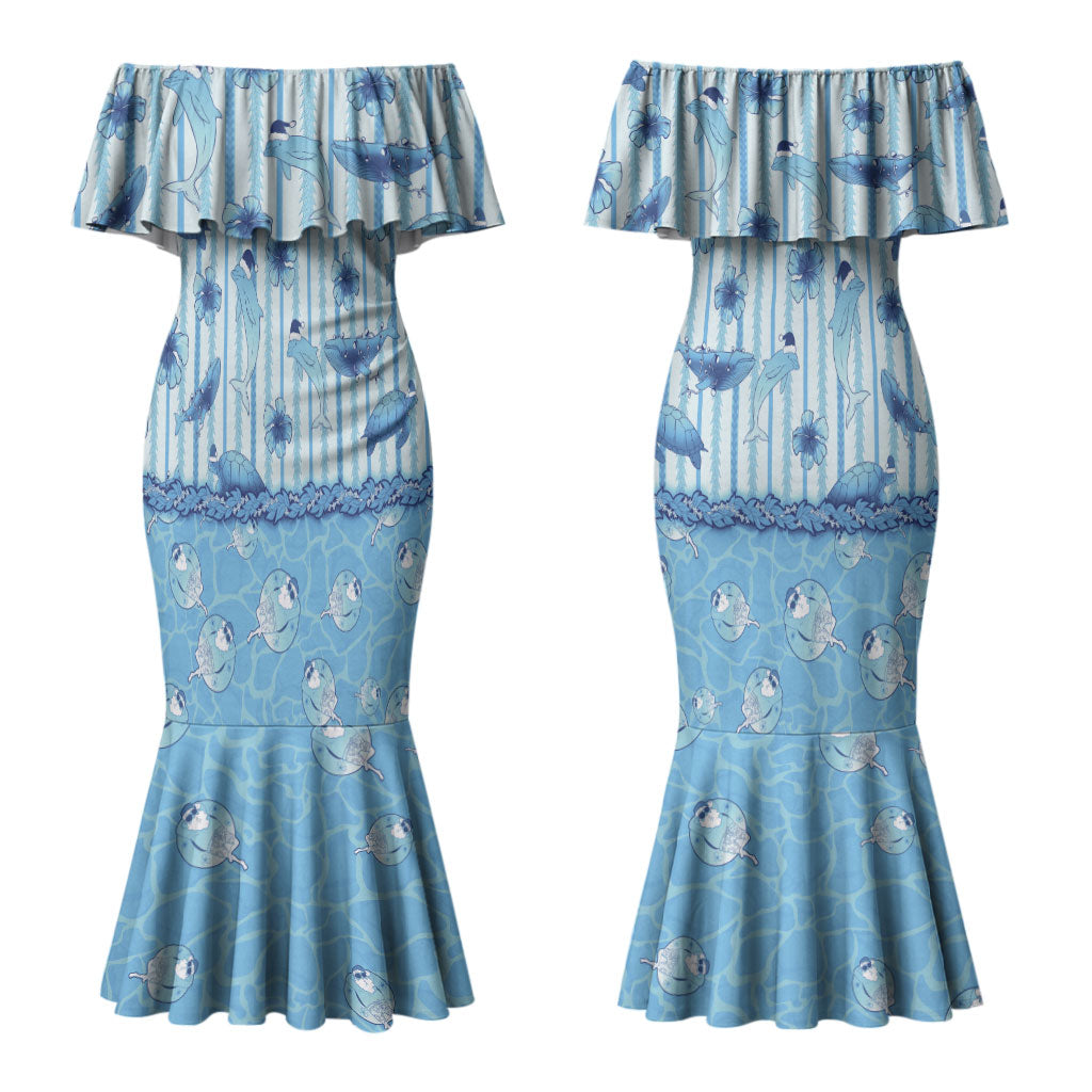 Hawaii Christmas In July Couples Matching Mermaid Dress and Hawaiian Shirt Sky Blue Mele Kalikimaka Sea Animals DT05 - Polynesian Pride