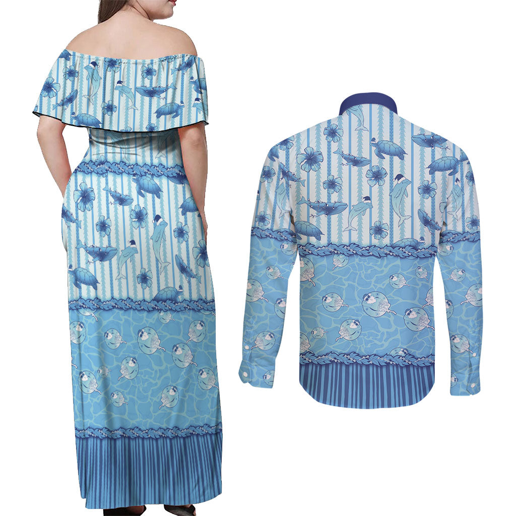 Hawaii Christmas In July Couples Matching Off Shoulder Maxi Dress and Long Sleeve Button Shirt Sky Blue Mele Kalikimaka Sea Animals DT05 - Polynesian Pride