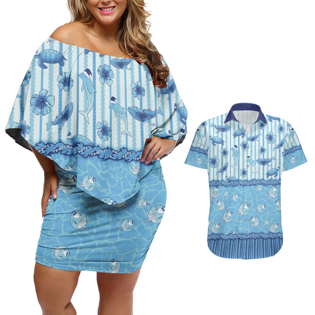 Hawaii Christmas In July Couples Matching Off Shoulder Short Dress and Hawaiian Shirt Sky Blue Mele Kalikimaka Sea Animals DT05 Blue - Polynesian Pride