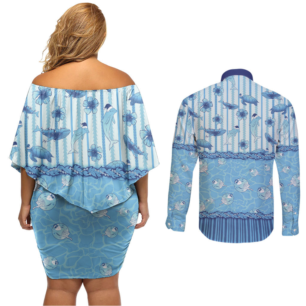 Hawaii Christmas In July Couples Matching Off Shoulder Short Dress and Long Sleeve Button Shirt Sky Blue Mele Kalikimaka Sea Animals DT05 - Polynesian Pride