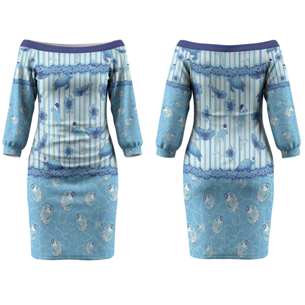 Hawaii Christmas In July Couples Matching Off The Shoulder Long Sleeve Dress and Hawaiian Shirt Sky Blue Mele Kalikimaka Sea Animals DT05 - Polynesian Pride