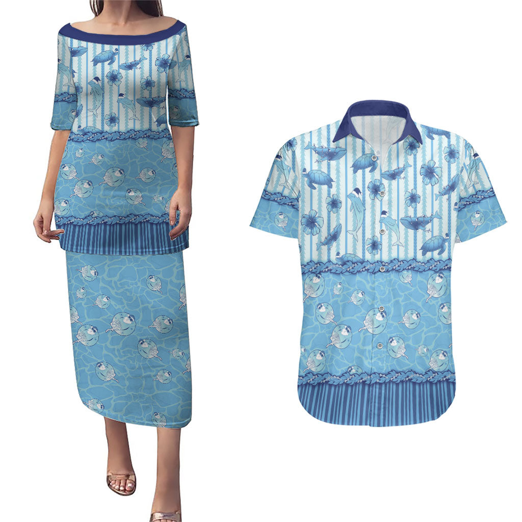 Hawaii Christmas In July Couples Matching Puletasi and Hawaiian Shirt Sky Blue Mele Kalikimaka Sea Animals DT05 Blue - Polynesian Pride