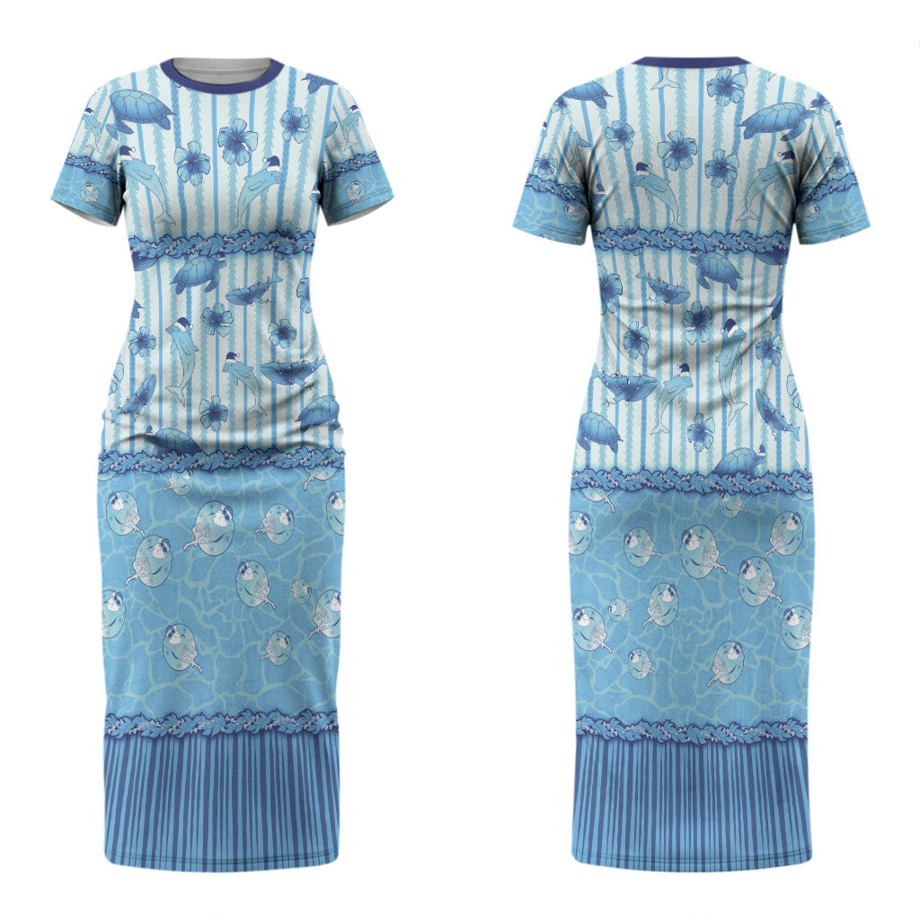 Hawaii Christmas In July Couples Matching Short Sleeve Bodycon Dress and Hawaiian Shirt Sky Blue Mele Kalikimaka Sea Animals DT05 - Polynesian Pride