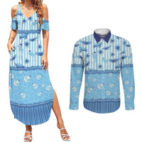 Hawaii Christmas In July Couples Matching Summer Maxi Dress and Long Sleeve Button Shirt Sky Blue Mele Kalikimaka Sea Animals