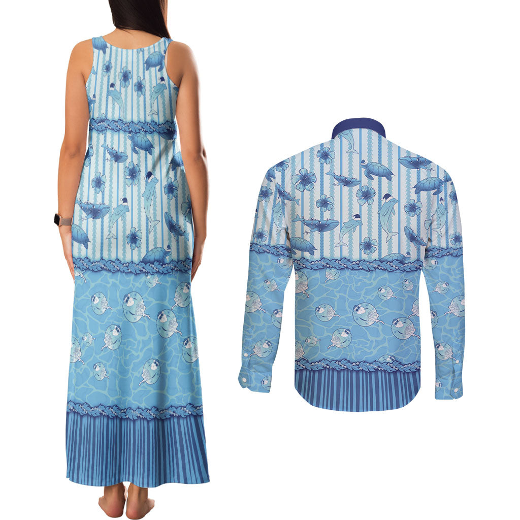 Hawaii Christmas In July Couples Matching Tank Maxi Dress and Long Sleeve Button Shirt Sky Blue Mele Kalikimaka Sea Animals DT05 - Polynesian Pride