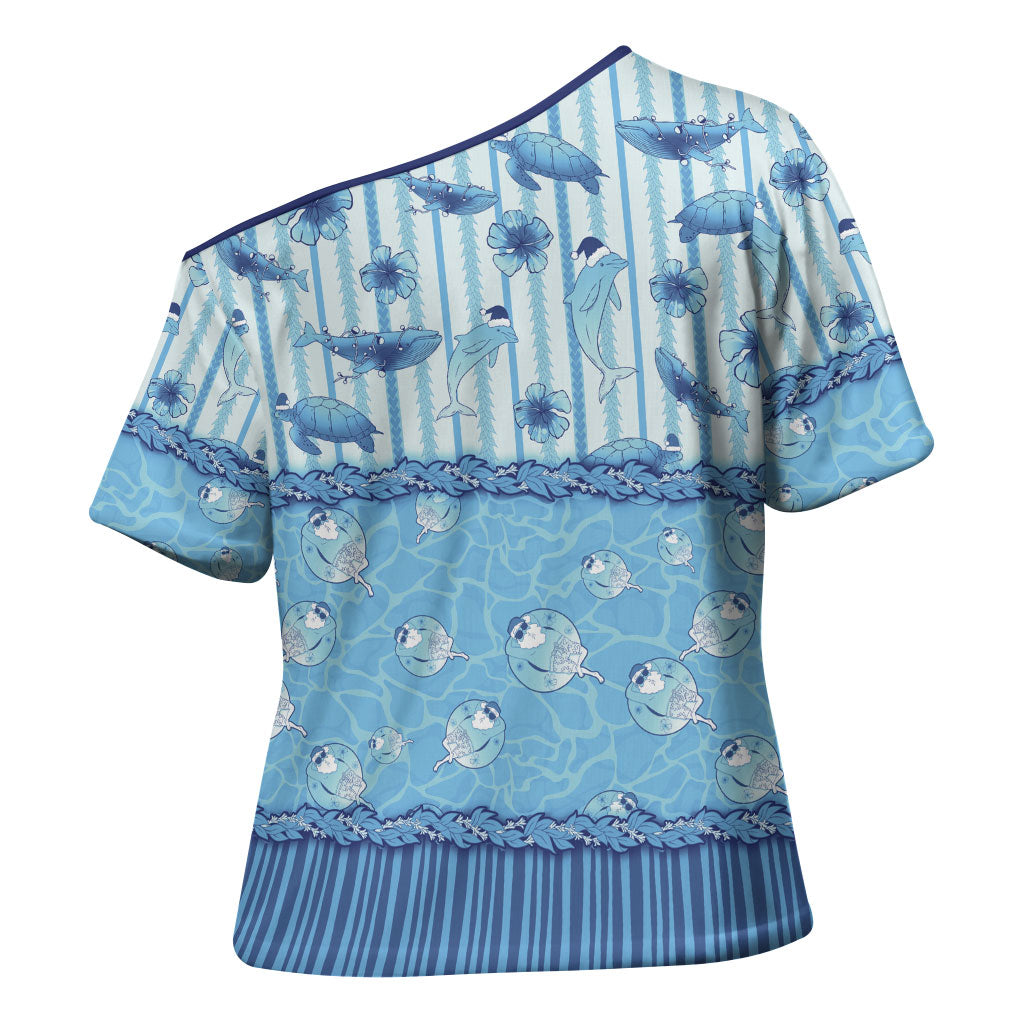 Hawaii Christmas In July Cross Shoulder Shirt Sky Blue Mele Kalikimaka Sea Animals