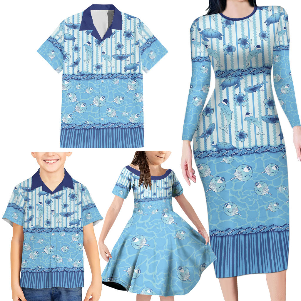 Hawaii Christmas In July Family Matching Long Sleeve Bodycon Dress and Hawaiian Shirt Sky Blue Mele Kalikimaka Sea Animals