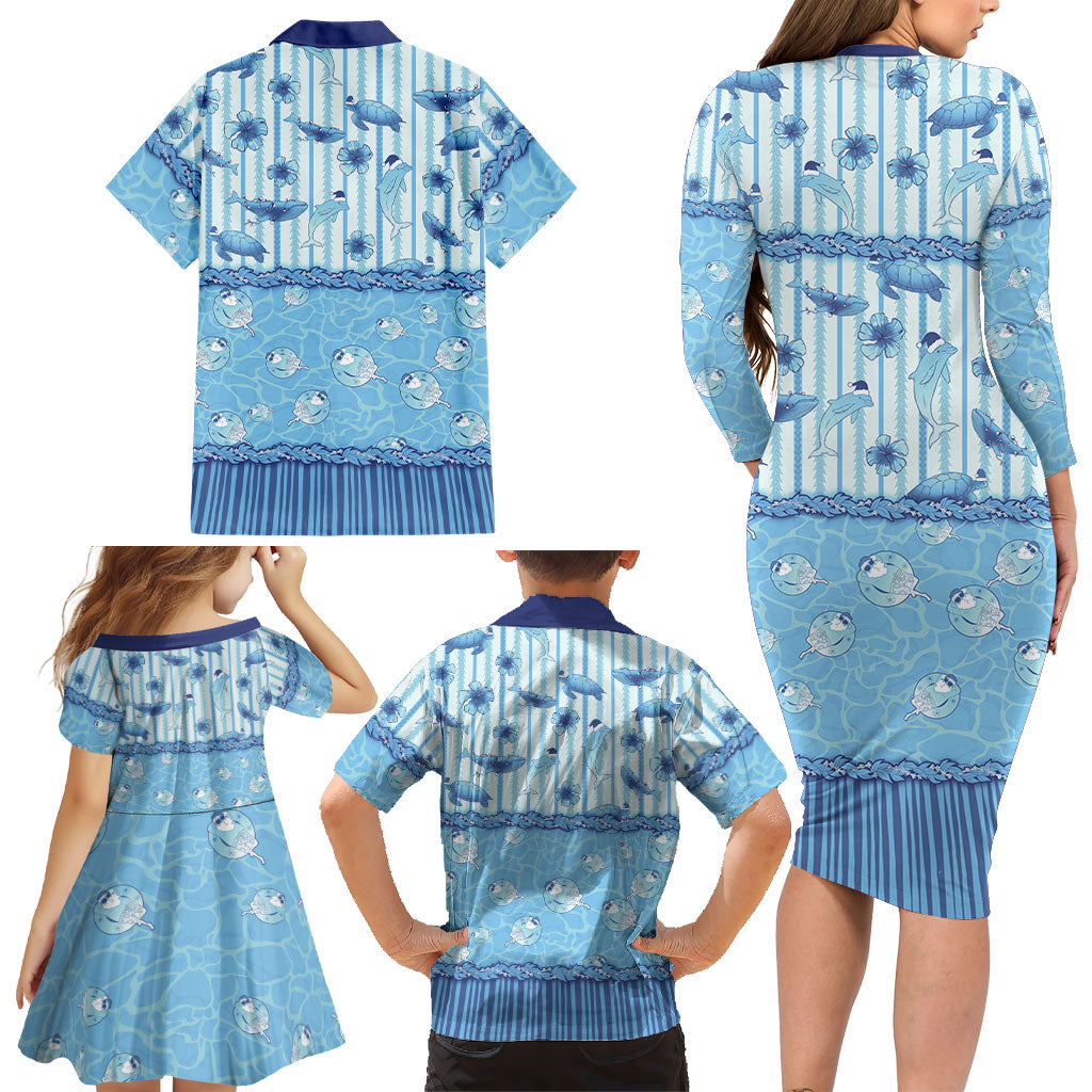 Hawaii Christmas In July Family Matching Long Sleeve Bodycon Dress and Hawaiian Shirt Sky Blue Mele Kalikimaka Sea Animals DT05 - Polynesian Pride