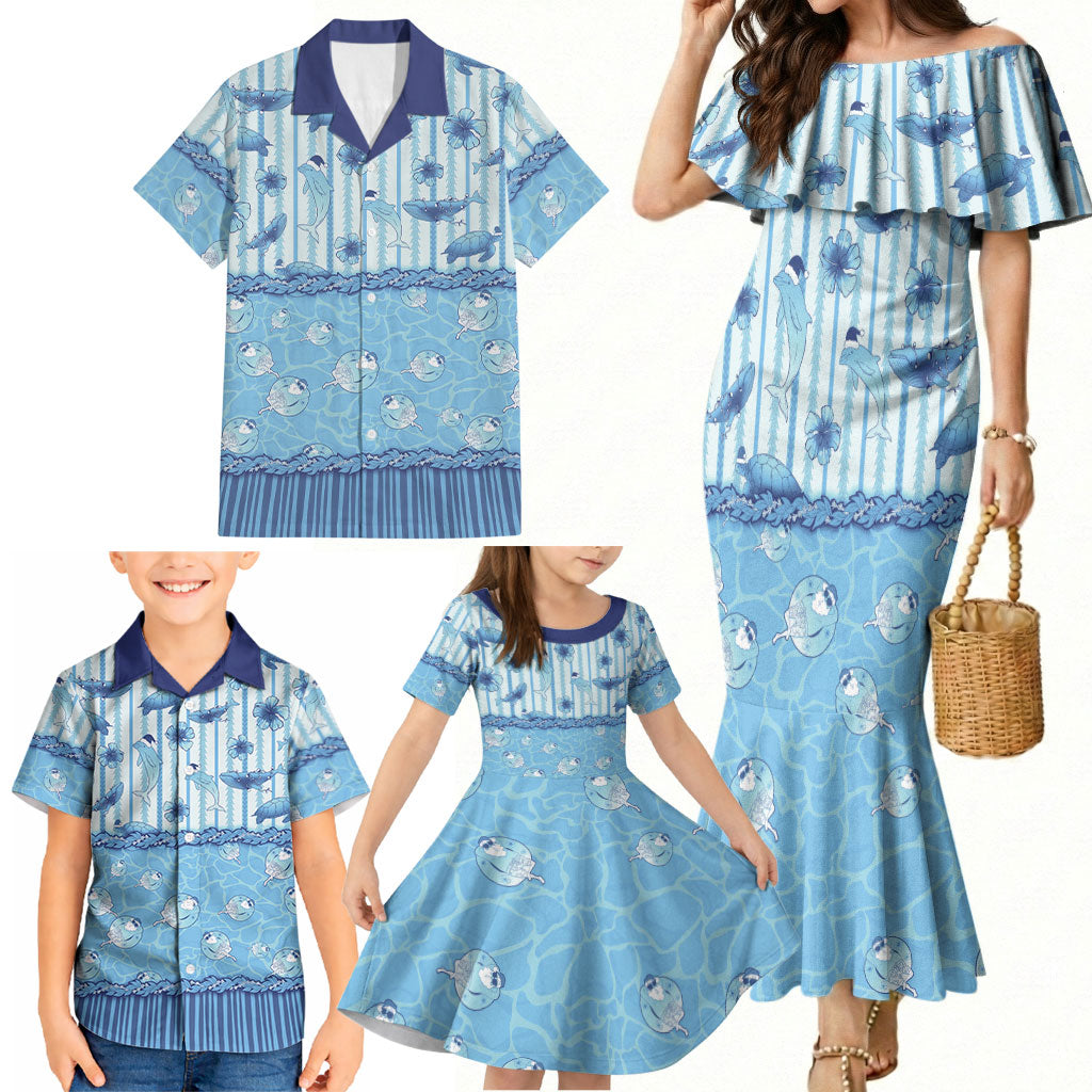 Hawaii Christmas In July Family Matching Mermaid Dress and Hawaiian Shirt Sky Blue Mele Kalikimaka Sea Animals DT05 - Polynesian Pride