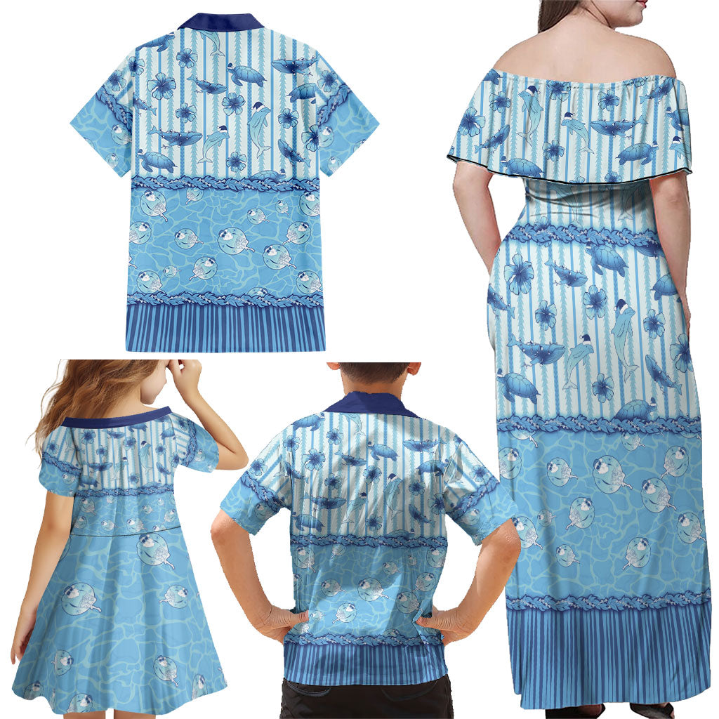 Hawaii Christmas In July Family Matching Off Shoulder Maxi Dress and Hawaiian Shirt Sky Blue Mele Kalikimaka Sea Animals DT05 - Polynesian Pride