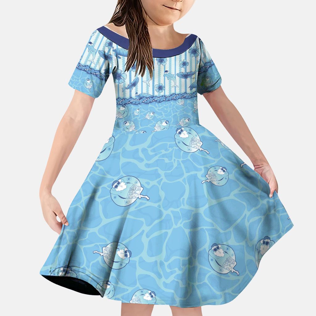 Hawaii Christmas In July Family Matching Short Sleeve Bodycon Dress and Hawaiian Shirt Sky Blue Mele Kalikimaka Sea Animals DT05 Daughter's Dress Blue - Polynesian Pride