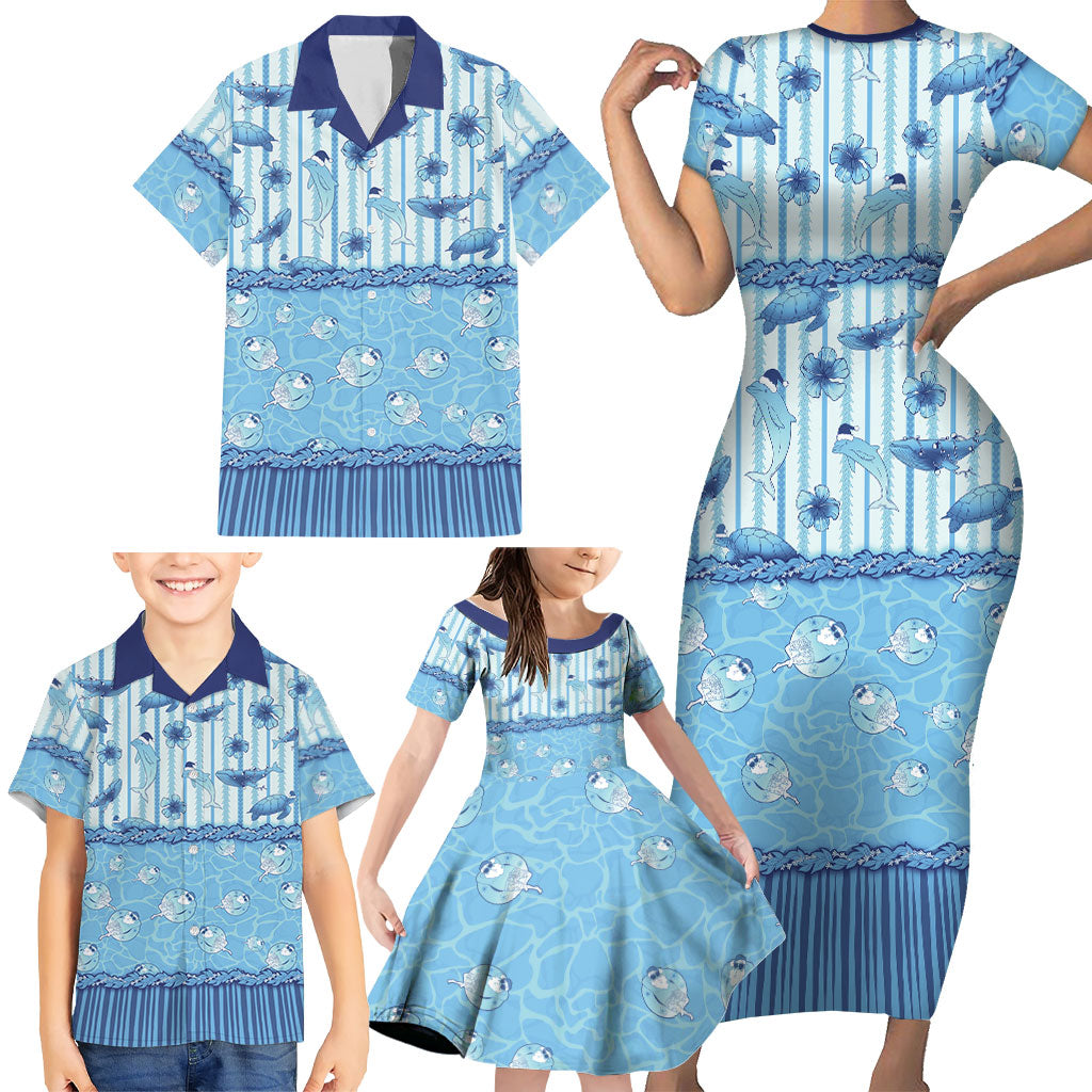Hawaii Christmas In July Family Matching Short Sleeve Bodycon Dress and Hawaiian Shirt Sky Blue Mele Kalikimaka Sea Animals