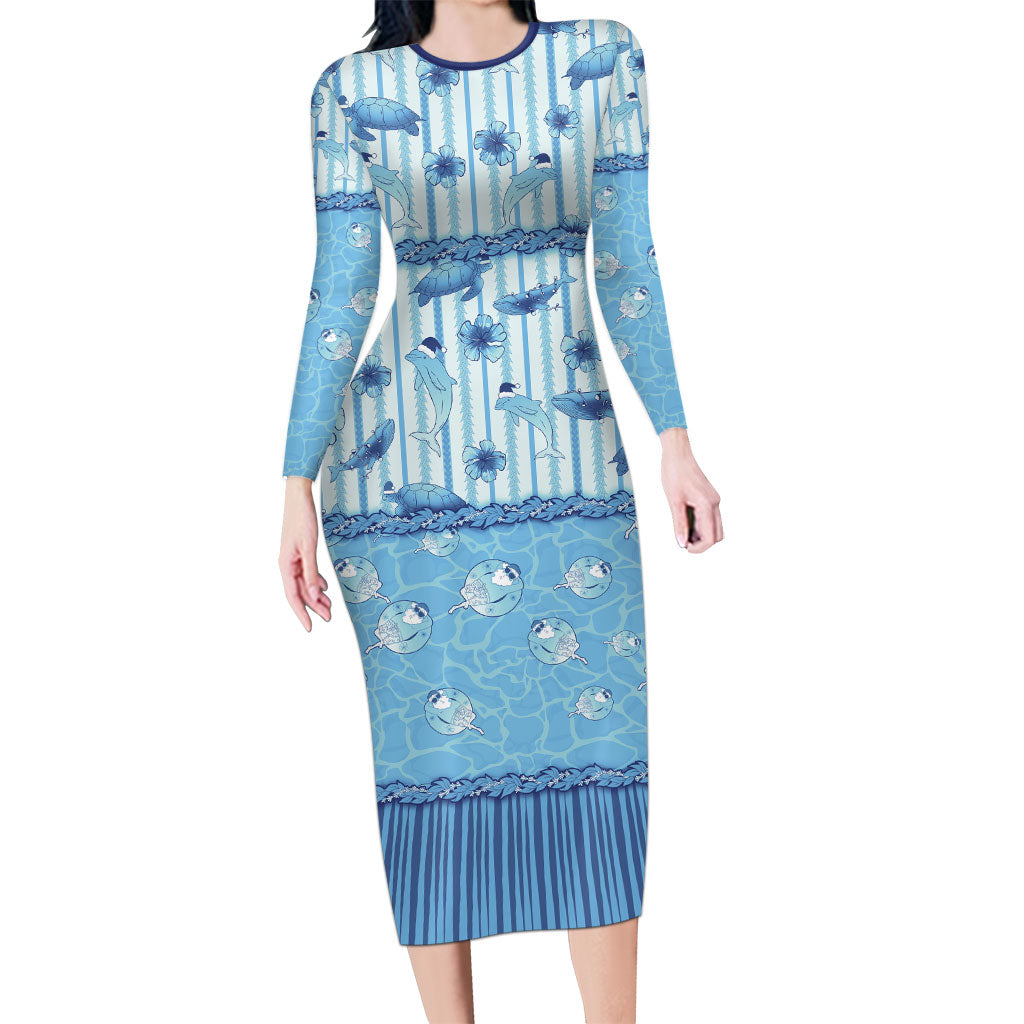 Hawaii Christmas In July Long Sleeve Bodycon Dress Sky Blue Mele Kalikimaka Sea Animals