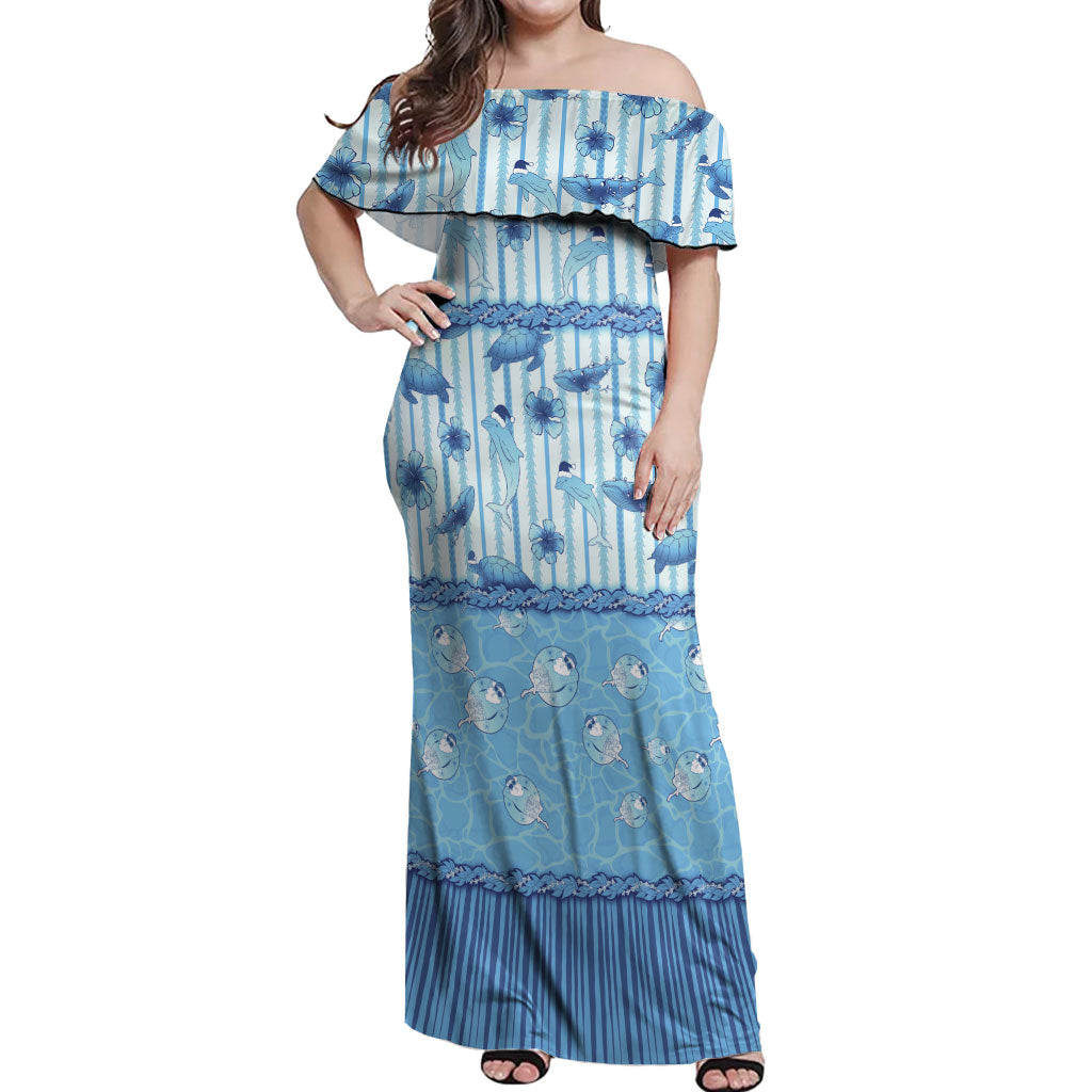 Hawaii Christmas In July Off Shoulder Maxi Dress Sky Blue Mele Kalikimaka Sea Animals