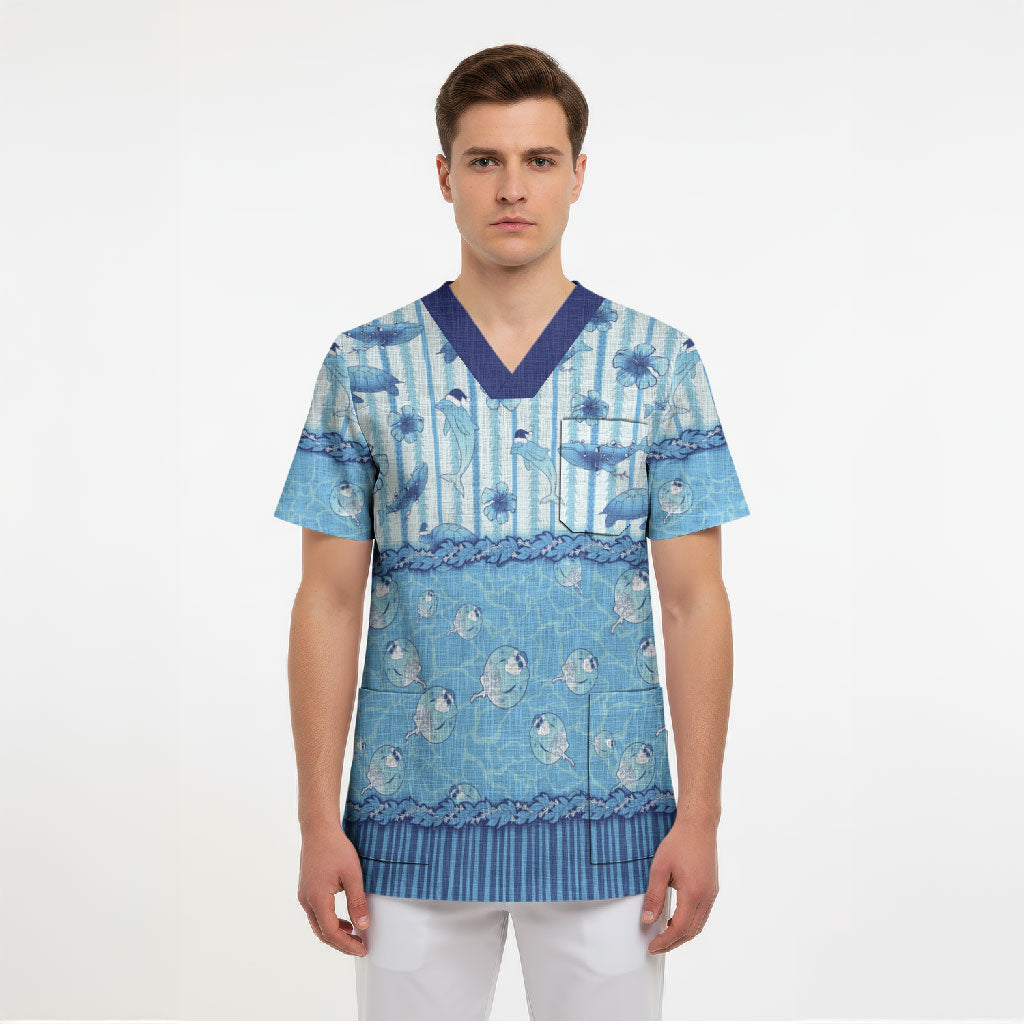 Hawaii Christmas In July Scrub Top Sky Blue Mele Kalikimaka Sea Animals DT05 - Polynesian Pride