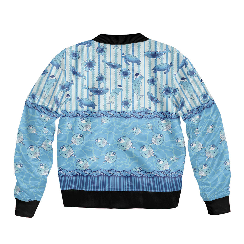Hawaii Christmas In July Sleeve Zip Bomber Jacket Sky Blue Mele Kalikimaka Sea Animals DT05 - Polynesian Pride