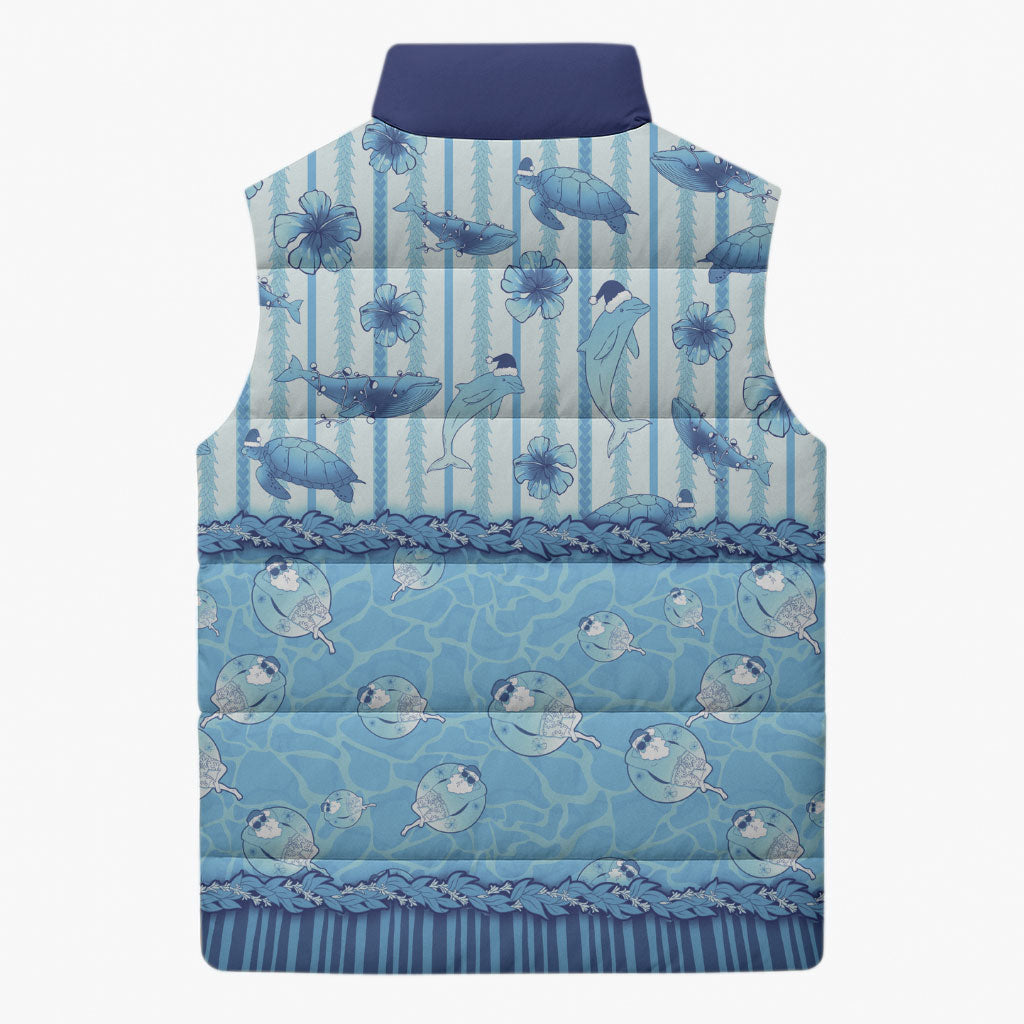 Hawaii Christmas In July Sleeveless Puffer Jacket Sky Blue Mele Kalikimaka Sea Animals