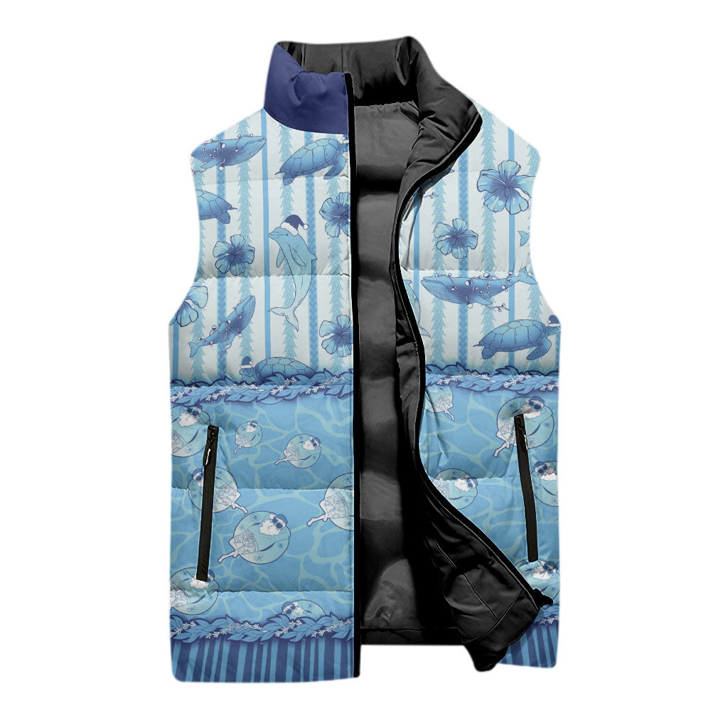 Hawaii Christmas In July Sleeveless Puffer Jacket Sky Blue Mele Kalikimaka Sea Animals