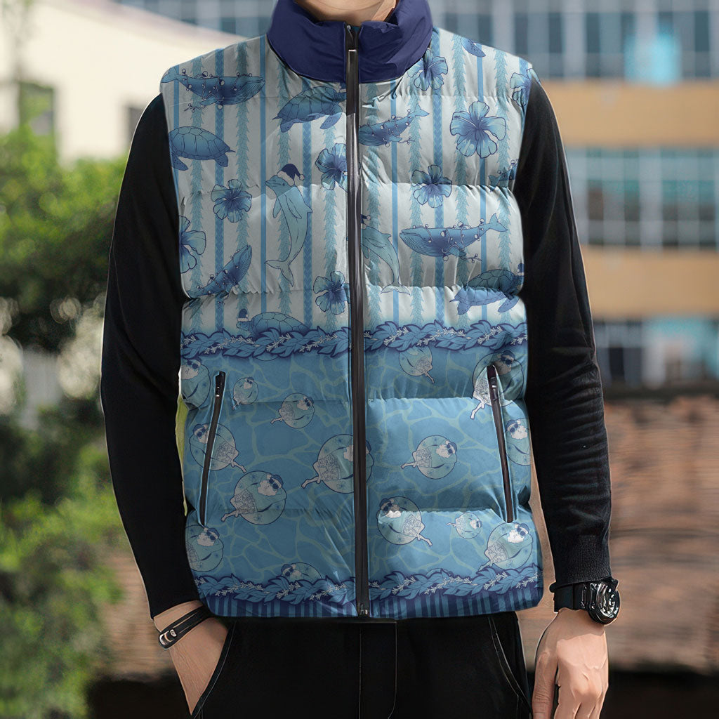 Hawaii Christmas In July Sleeveless Puffer Jacket Sky Blue Mele Kalikimaka Sea Animals