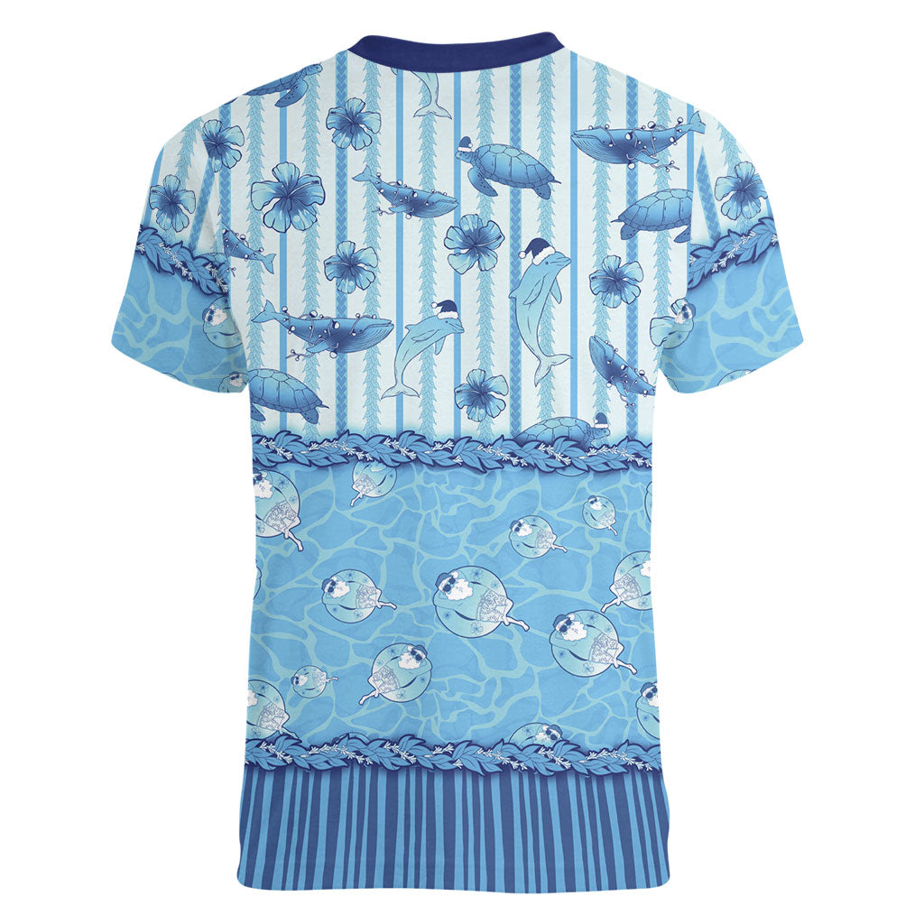 Hawaii Christmas In July Women V-Neck T-Shirt Sky Blue Mele Kalikimaka Sea Animals DT05 - Polynesian Pride