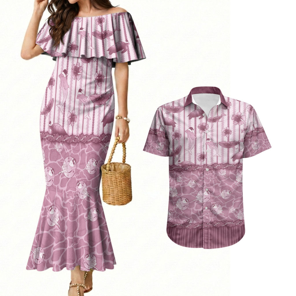 Hawaii Christmas In July Couples Matching Mermaid Dress and Hawaiian Shirt Dusty Pink Mele Kalikimaka Sea Animals DT05 Pink - Polynesian Pride
