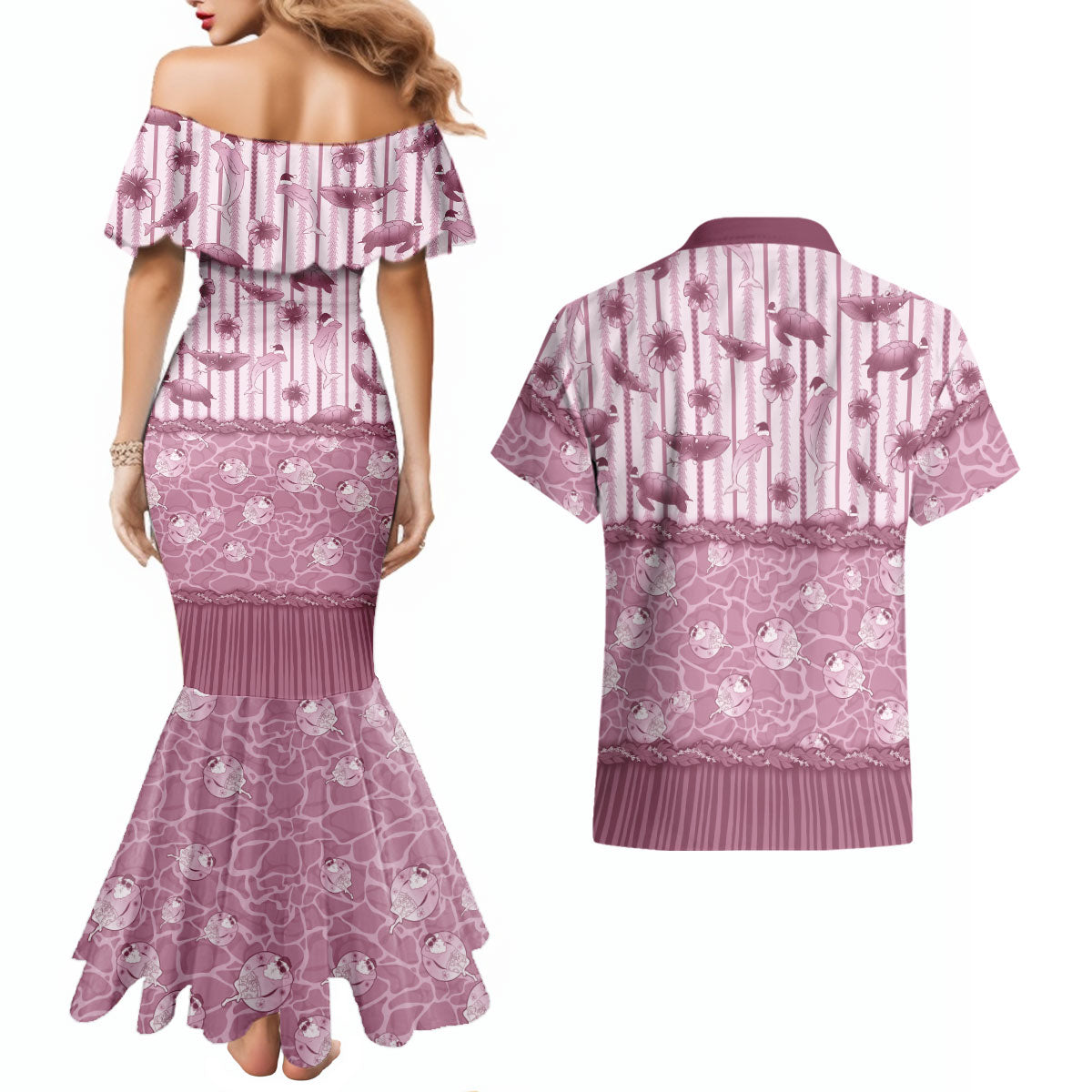 Hawaii Christmas In July Couples Matching Mermaid Dress and Hawaiian Shirt Dusty Pink Mele Kalikimaka Sea Animals DT05 - Polynesian Pride