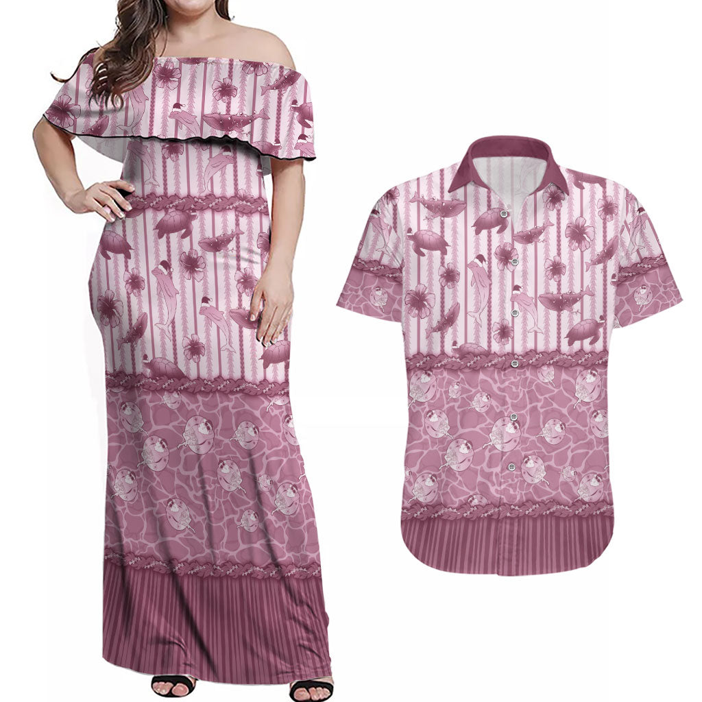 Hawaii Christmas In July Couples Matching Off Shoulder Maxi Dress and Hawaiian Shirt Dusty Pink Mele Kalikimaka Sea Animals DT05 Pink - Polynesian Pride