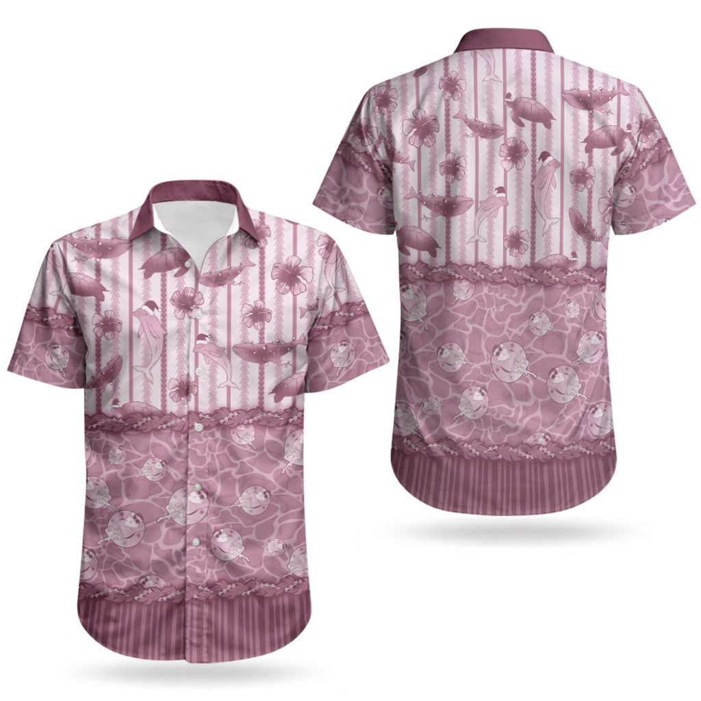 Hawaii Christmas In July Couples Matching Off Shoulder Short Dress and Hawaiian Shirt Dusty Pink Mele Kalikimaka Sea Animals DT05 - Polynesian Pride