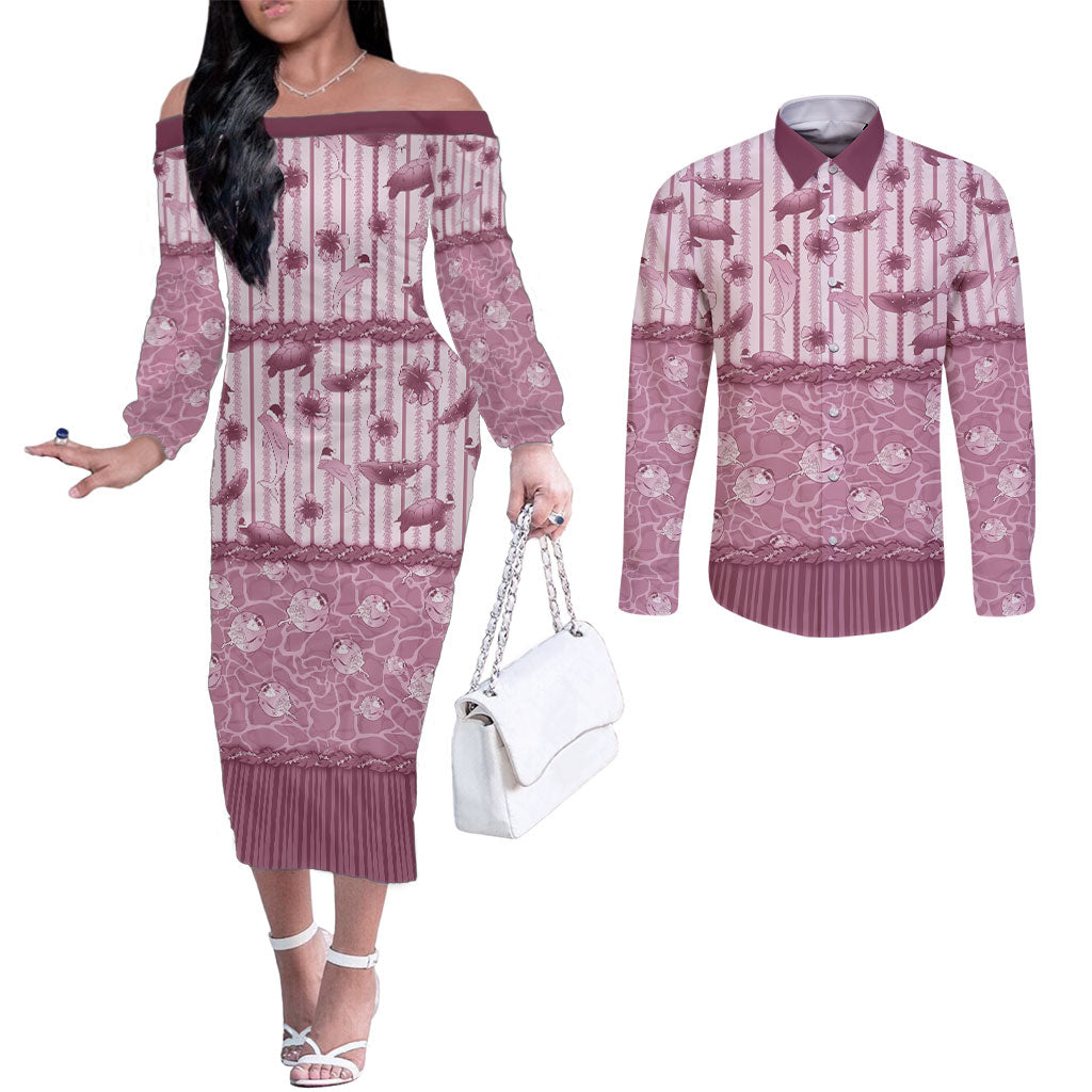 Hawaii Christmas In July Couples Matching Off The Shoulder Long Sleeve Dress and Long Sleeve Button Shirt Dusty Pink Mele Kalikimaka Sea Animals DT05 Pink - Polynesian Pride