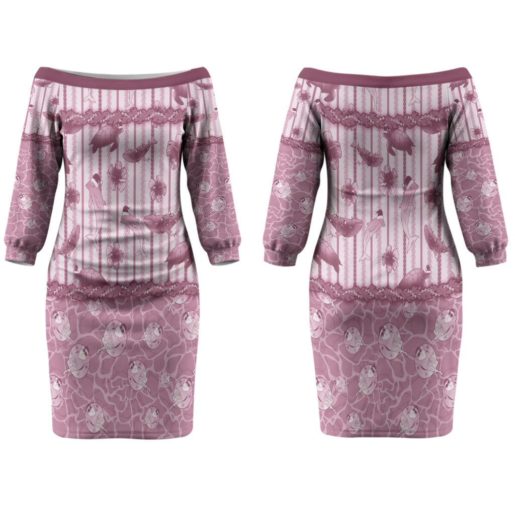 Hawaii Christmas In July Couples Matching Off The Shoulder Long Sleeve Dress and Long Sleeve Button Shirt Dusty Pink Mele Kalikimaka Sea Animals DT05 - Polynesian Pride