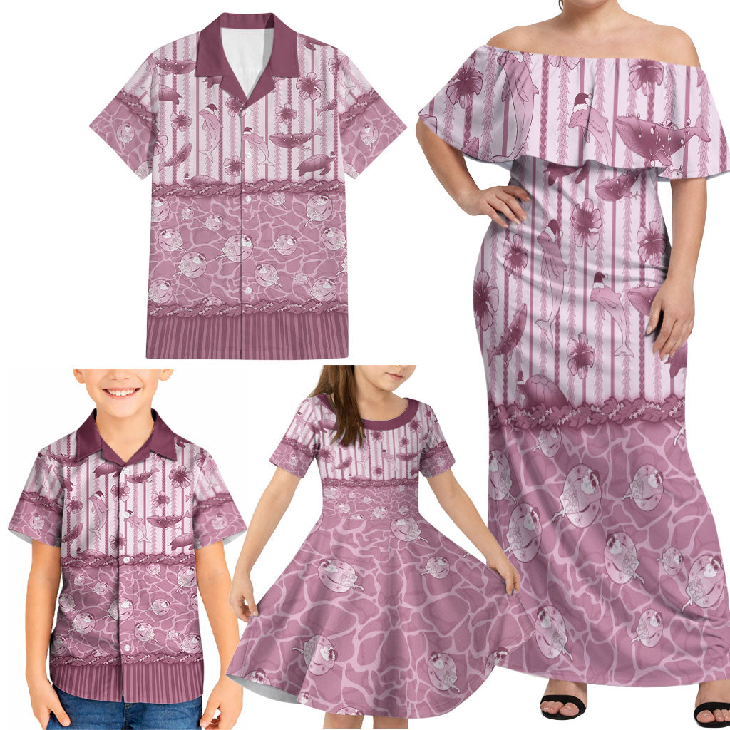 Hawaii Christmas In July Family Matching Off Shoulder Maxi Dress and Hawaiian Shirt Dusty Pink Mele Kalikimaka Sea Animals DT05 - Polynesian Pride