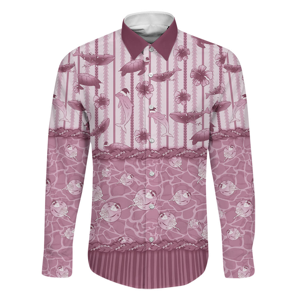 Hawaii Christmas In July Family Matching Summer Maxi Dress and Hawaiian Shirt Dusty Pink Mele Kalikimaka Sea Animals DT05 Dad's Shirt - Long Sleeve Pink - Polynesian Pride