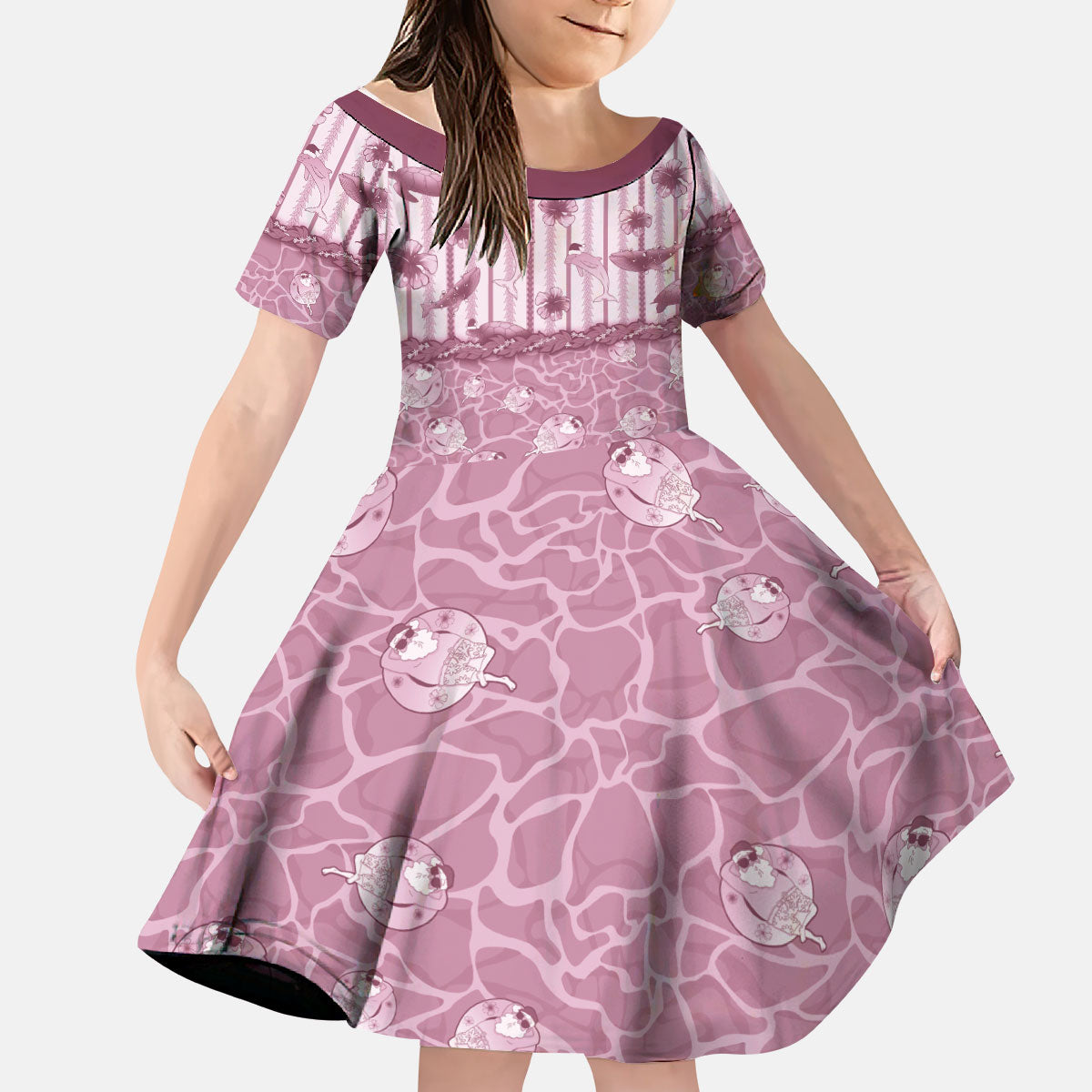 Hawaii Christmas In July Kid Short Sleeve Dress Dusty Pink Mele Kalikimaka Sea Animals